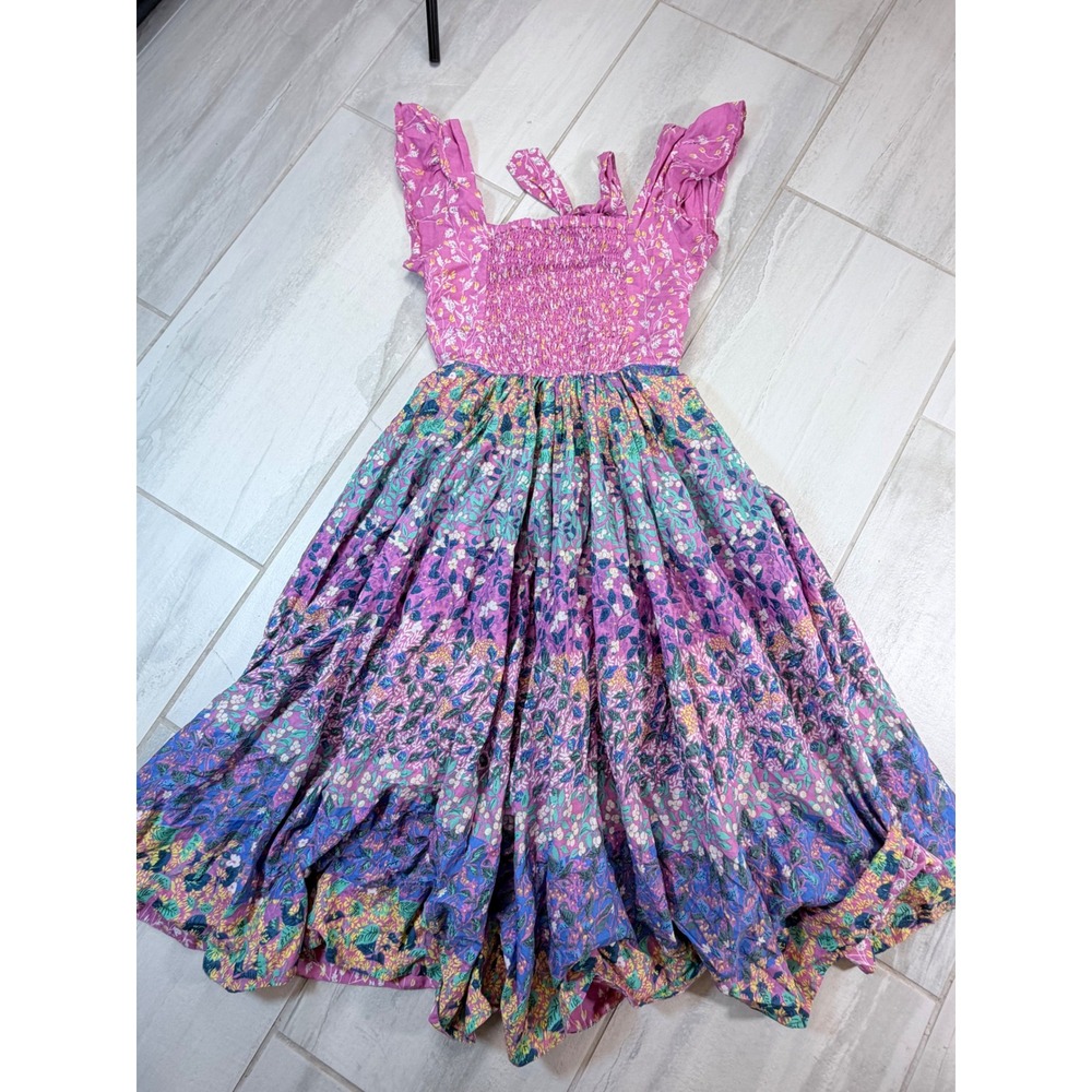 Caroline Constas Pink Floral Smocked Cotton Midi Dress XS Tie Shoulder Romantic